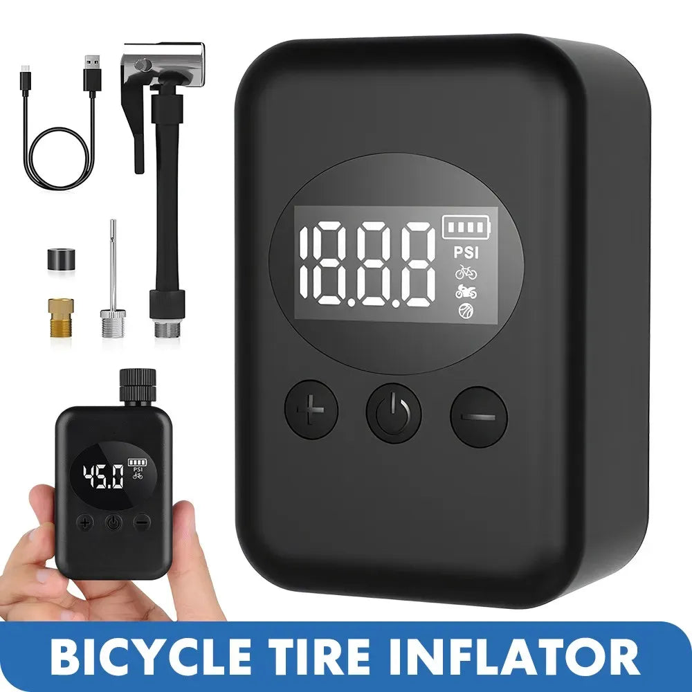 Mini Electric Bike Tyre Pump Black 150 PSI with Digital Gauge for Presta and Schrader Valves