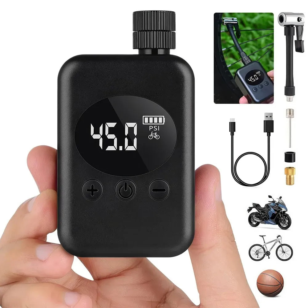 Mini Electric Bike Tyre Pump Black 150 PSI with Digital Gauge for Presta and Schrader Valves