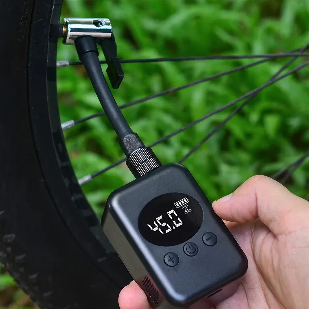 Mini Electric Bike Tyre Pump Black 150 PSI with Digital Gauge for Presta and Schrader Valves