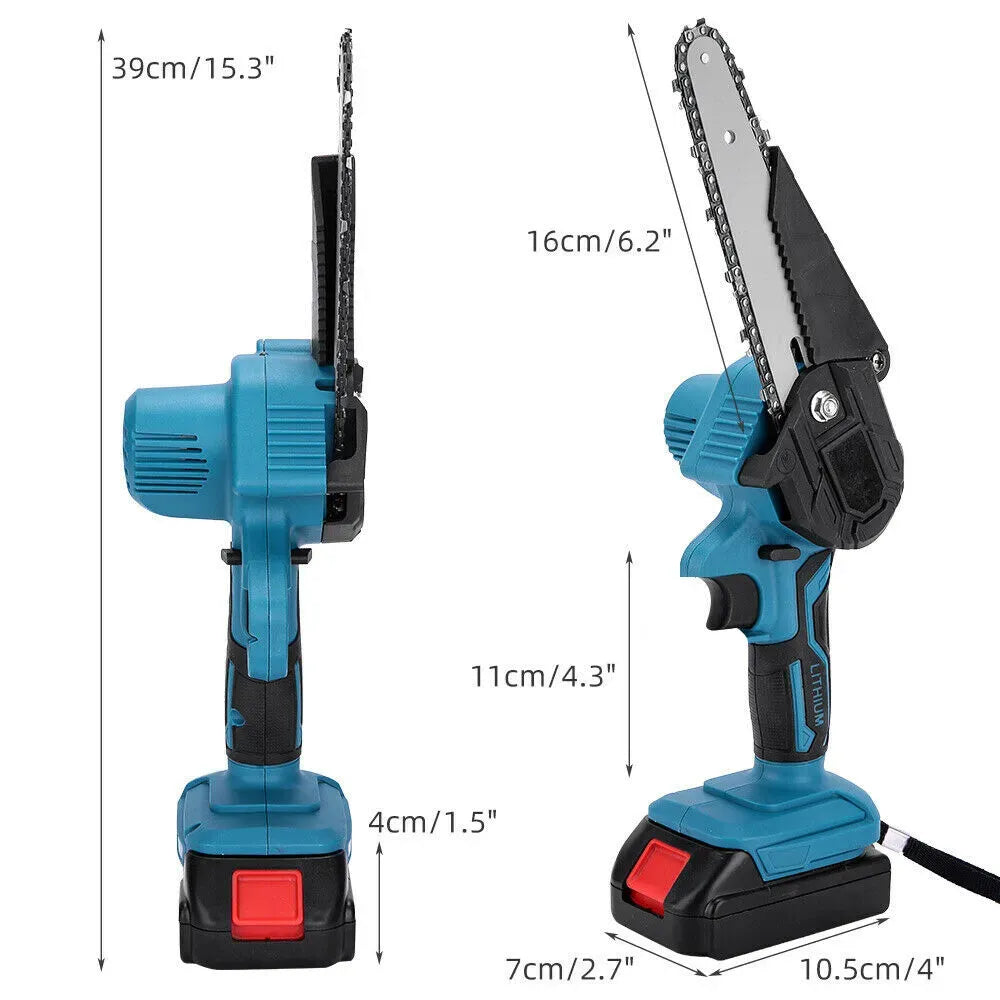 6" Cordless Electric Chainsaw in Blue - Portable Handheld Wood Cutter