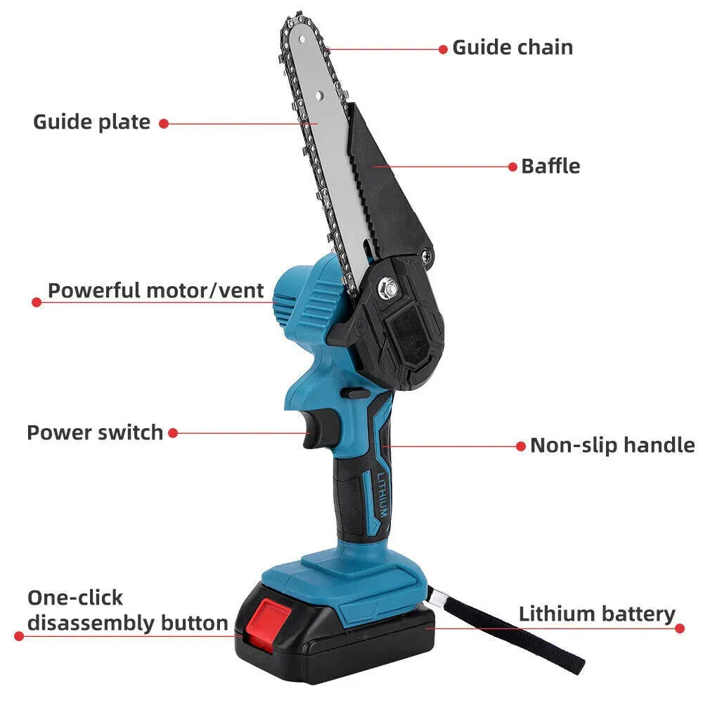 6" Cordless Electric Chainsaw in Blue - Portable Handheld Wood Cutter
