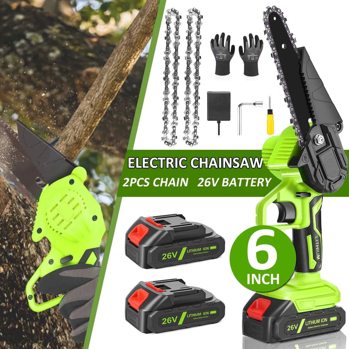 6" Mini Cordless Electric Chainsaw in Black and Orange with 2 Batteries