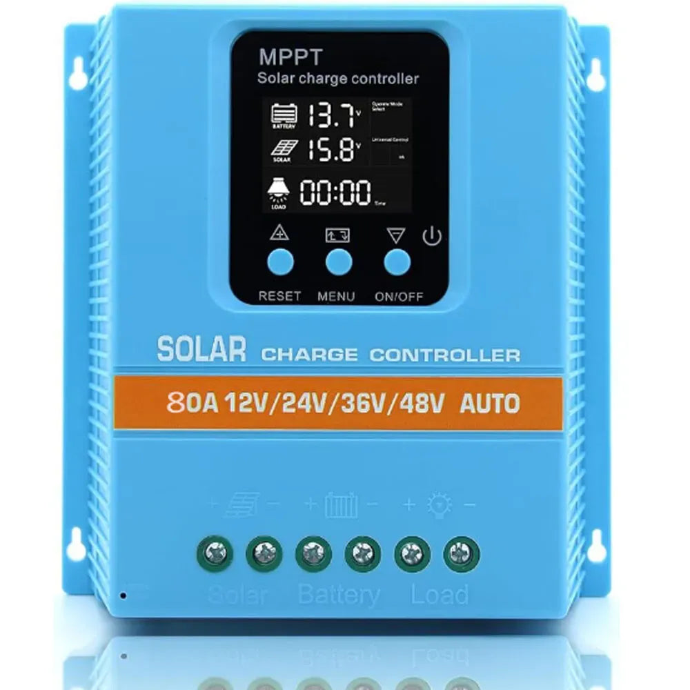 Blue 80A MPPT Solar Charge Controller with LCD Display and Dual USB Ports