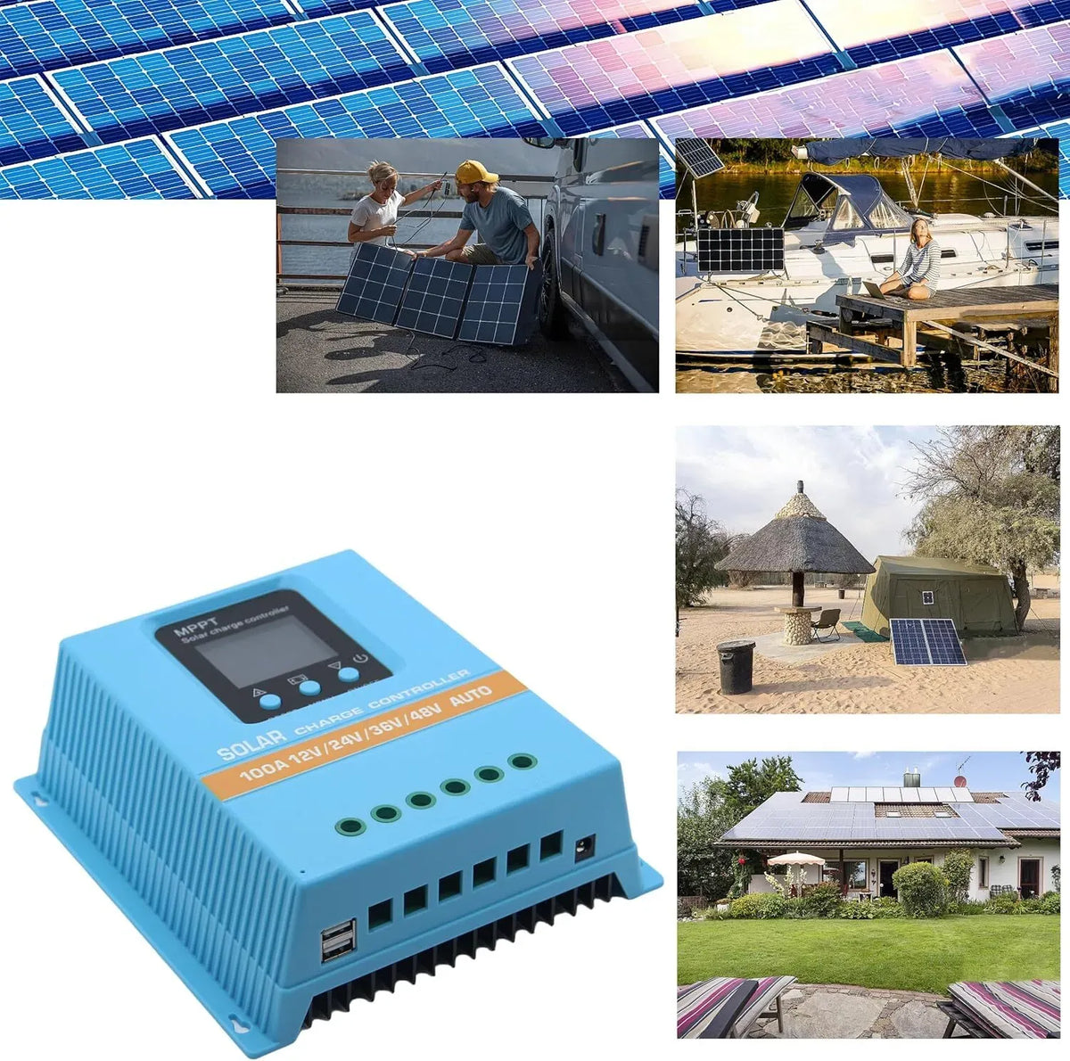 Blue 80A MPPT Solar Charge Controller with LCD Display and Dual USB Ports