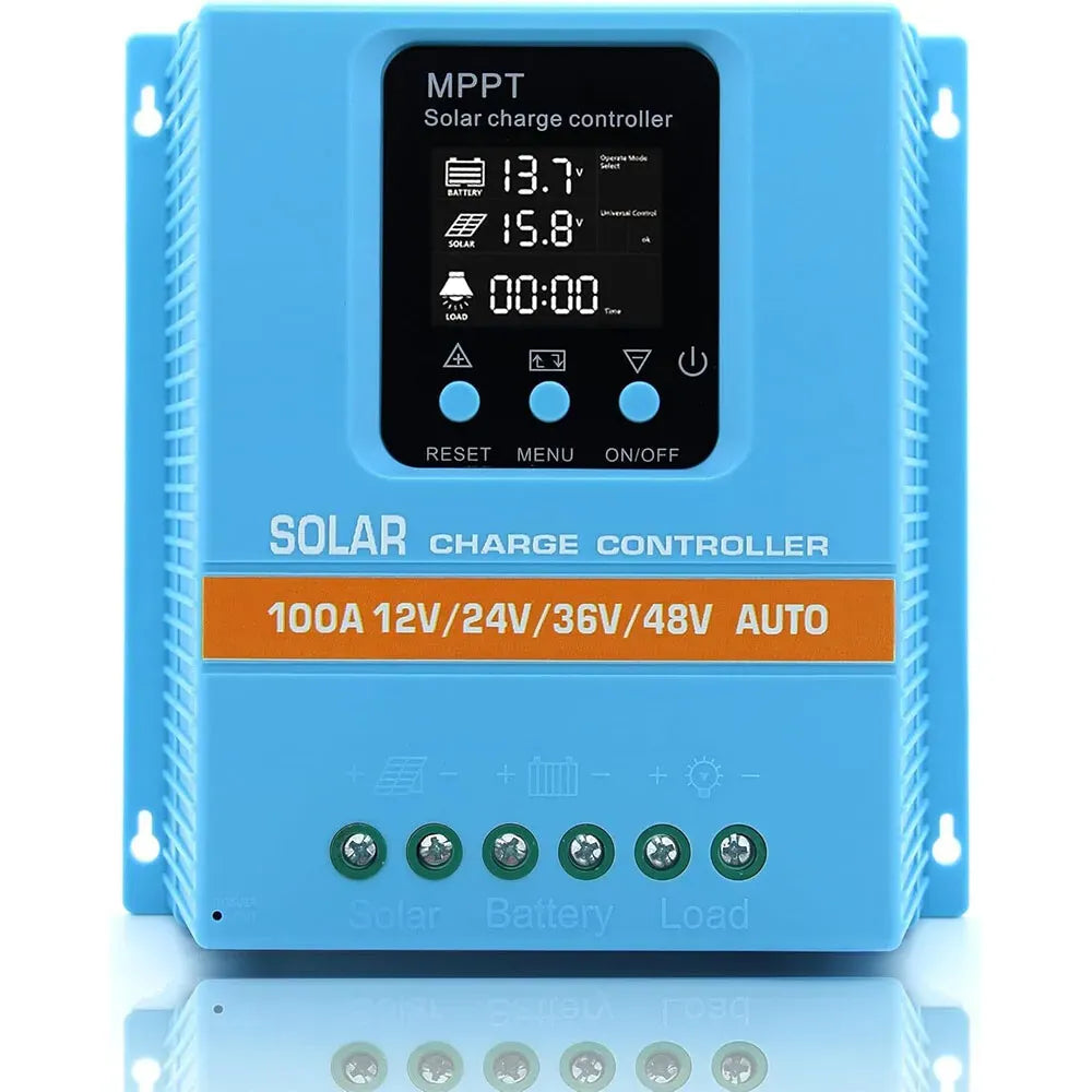 100A MPPT Solar Charge Controller with LCD Display and Dual USB Ports in Blue