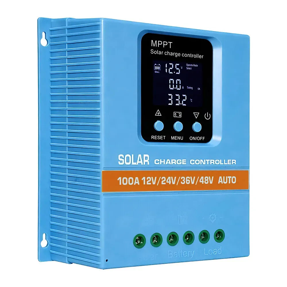 100A MPPT Solar Charge Controller with LCD Display and Dual USB Ports in Blue
