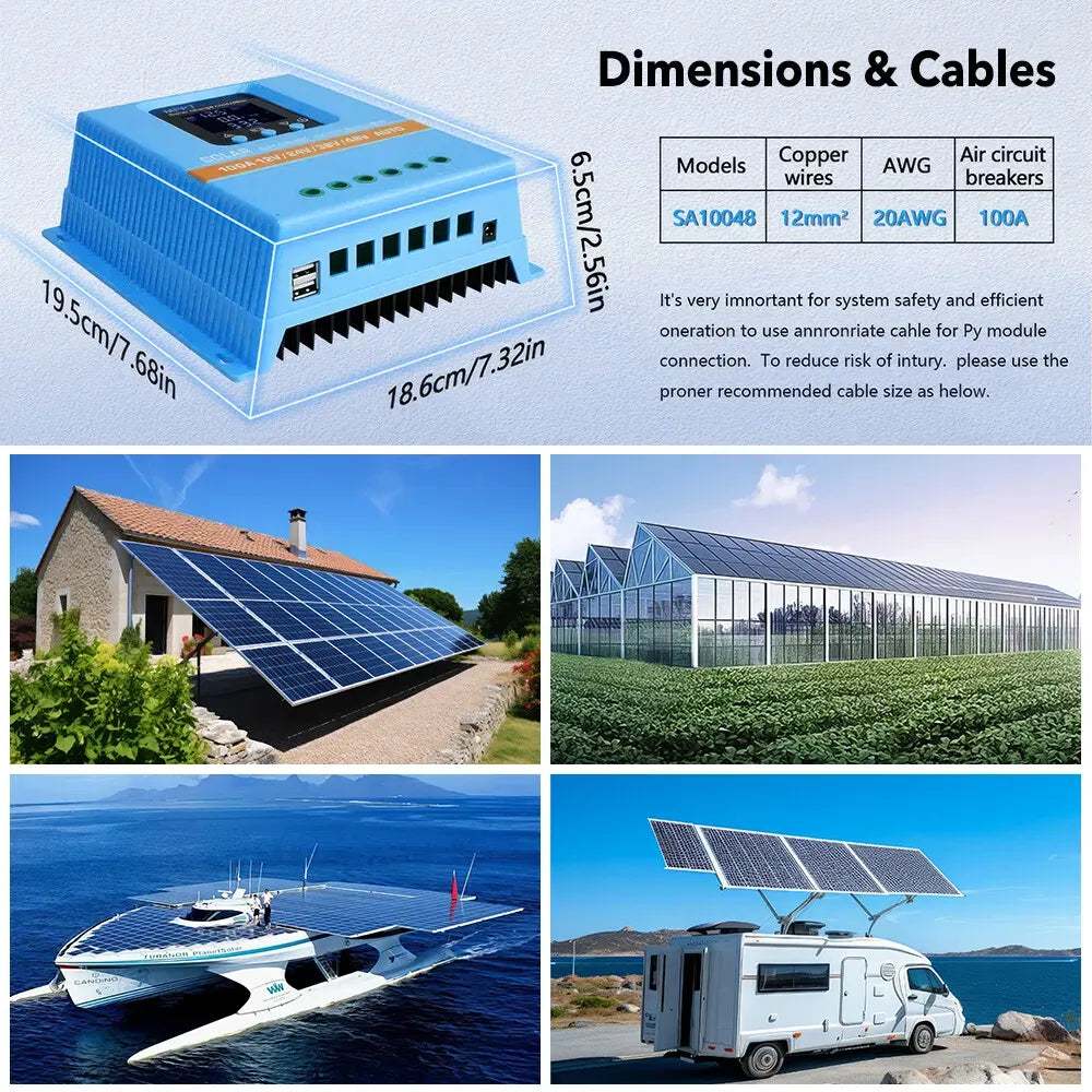 100A MPPT Solar Charge Controller with LCD Display and Dual USB Ports in Blue