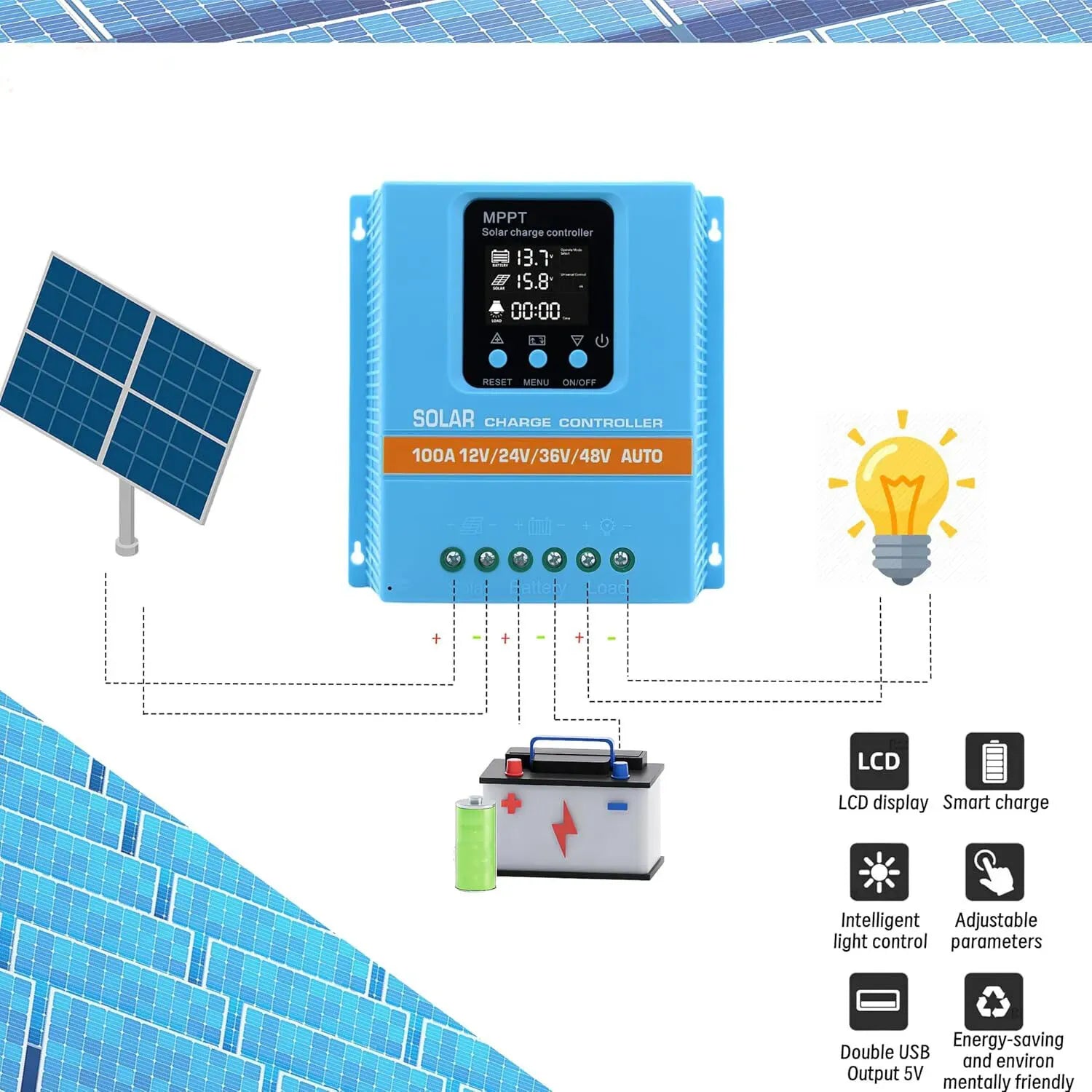 100A MPPT Solar Charge Controller with LCD Display and Dual USB Ports in Blue