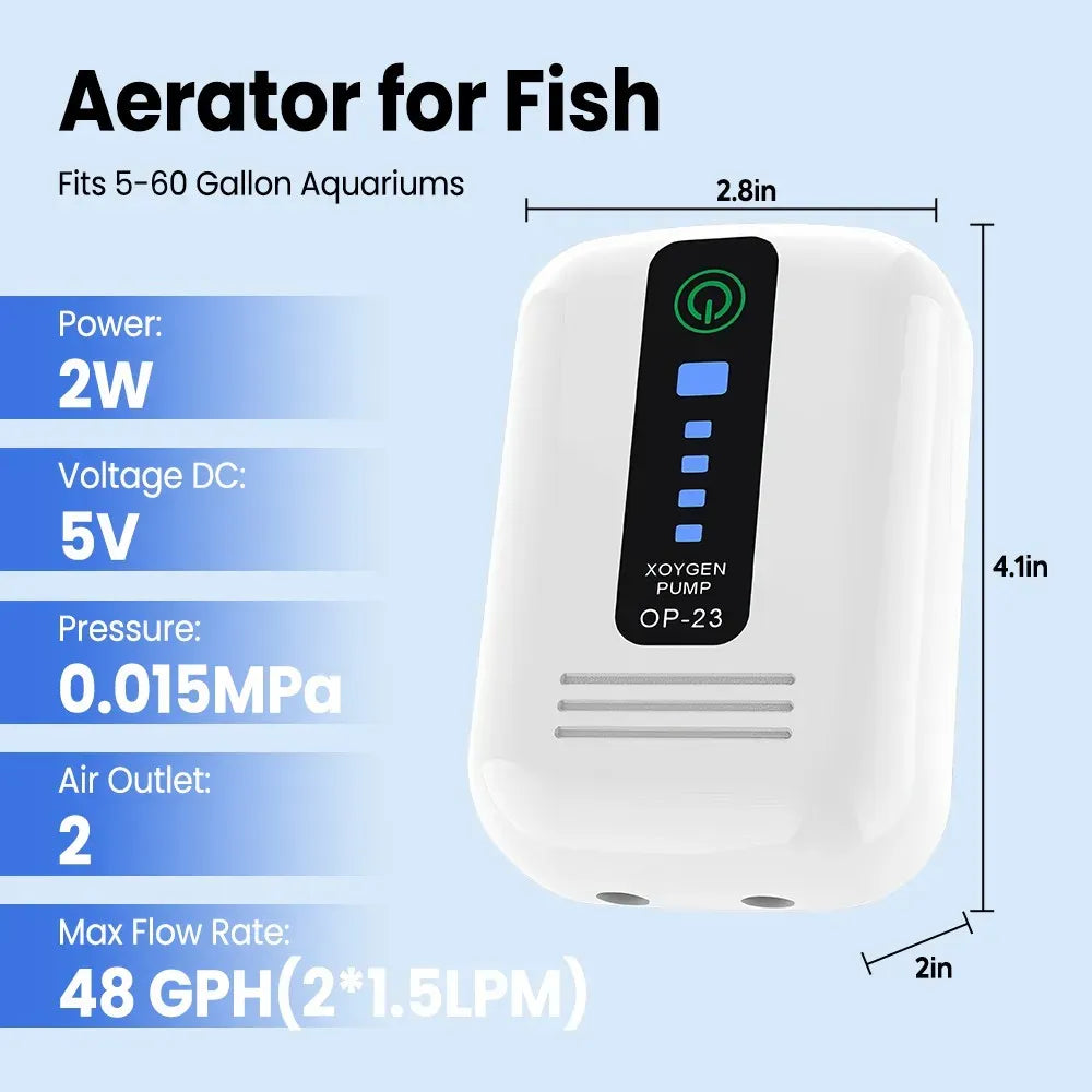 Aquarium Oxygen Pump Black USB Rechargeable Air Pump for Fish Tanks and Bait Buckets with 2 Outlets