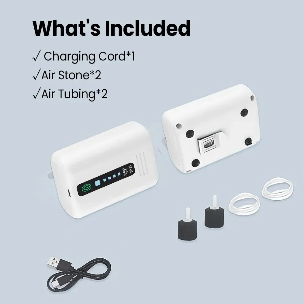 Aquarium Oxygen Pump Black USB Rechargeable Air Pump for Fish Tanks and Bait Buckets with 2 Outlets