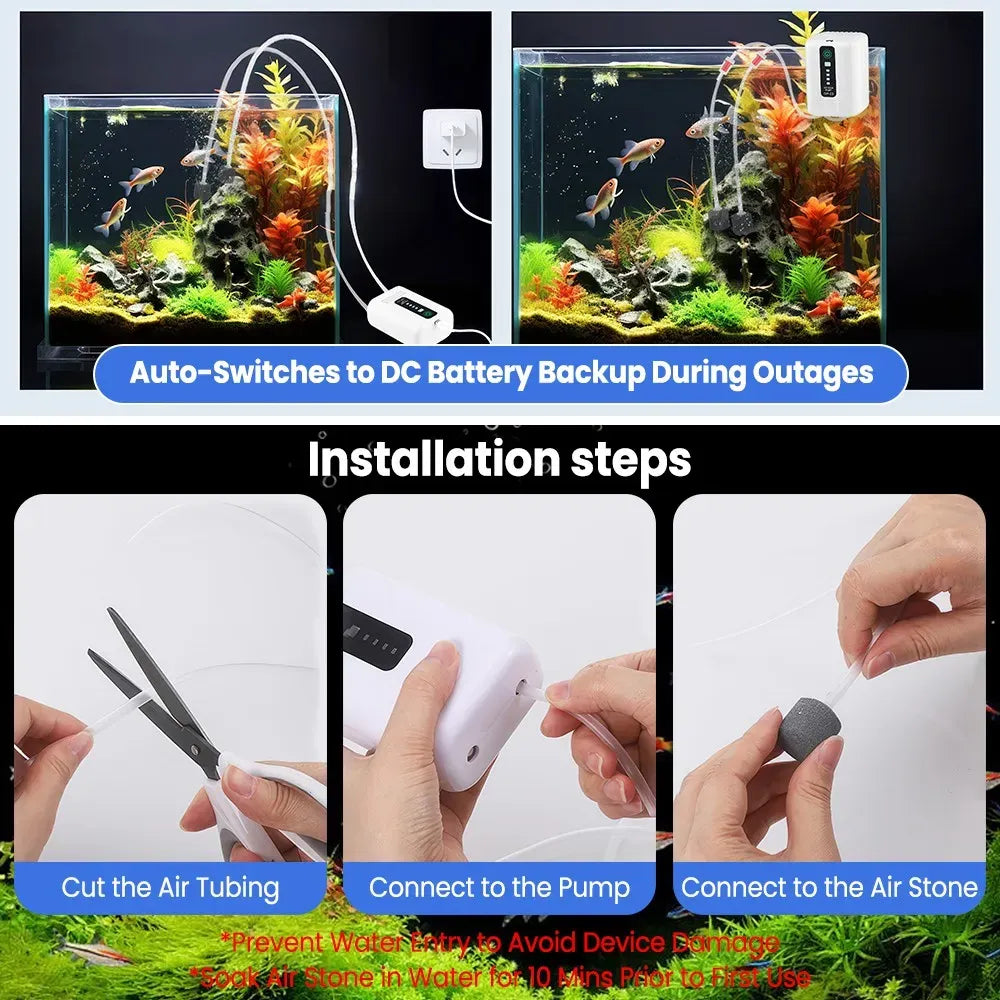 Aquarium Oxygen Pump Black USB Rechargeable Air Pump for Fish Tanks and Bait Buckets with 2 Outlets