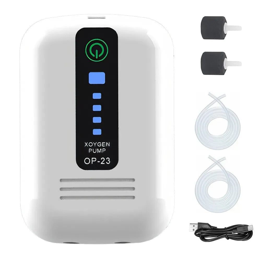 Aquarium Oxygen Pump Black USB Rechargeable Air Pump for Fish Tanks and Bait Buckets with 2 Outlets