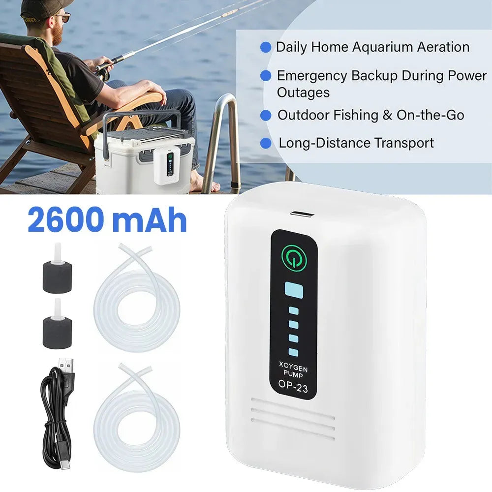 Aquarium Oxygen Pump Black USB Rechargeable Air Pump for Fish Tanks and Bait Buckets with 2 Outlets