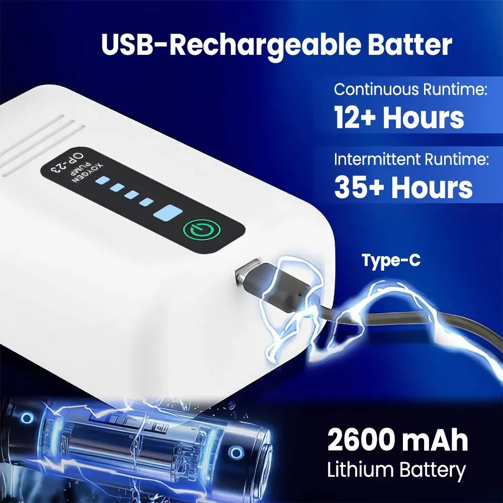 Aquarium Oxygen Pump Black USB Rechargeable Air Pump for Fish Tanks and Bait Buckets with 2 Outlets