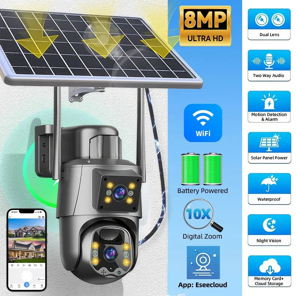 Dual Lens 8MP Full HD Solar Security Camera with 360° View and Night Vision