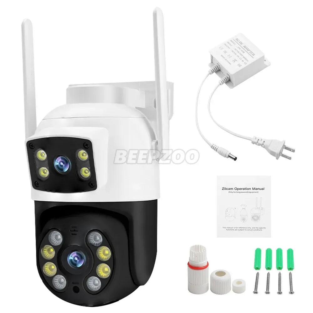 White Wireless 4K Outdoor Security Camera, Waterproof IP Surveillance, Dual-Lens, Black
