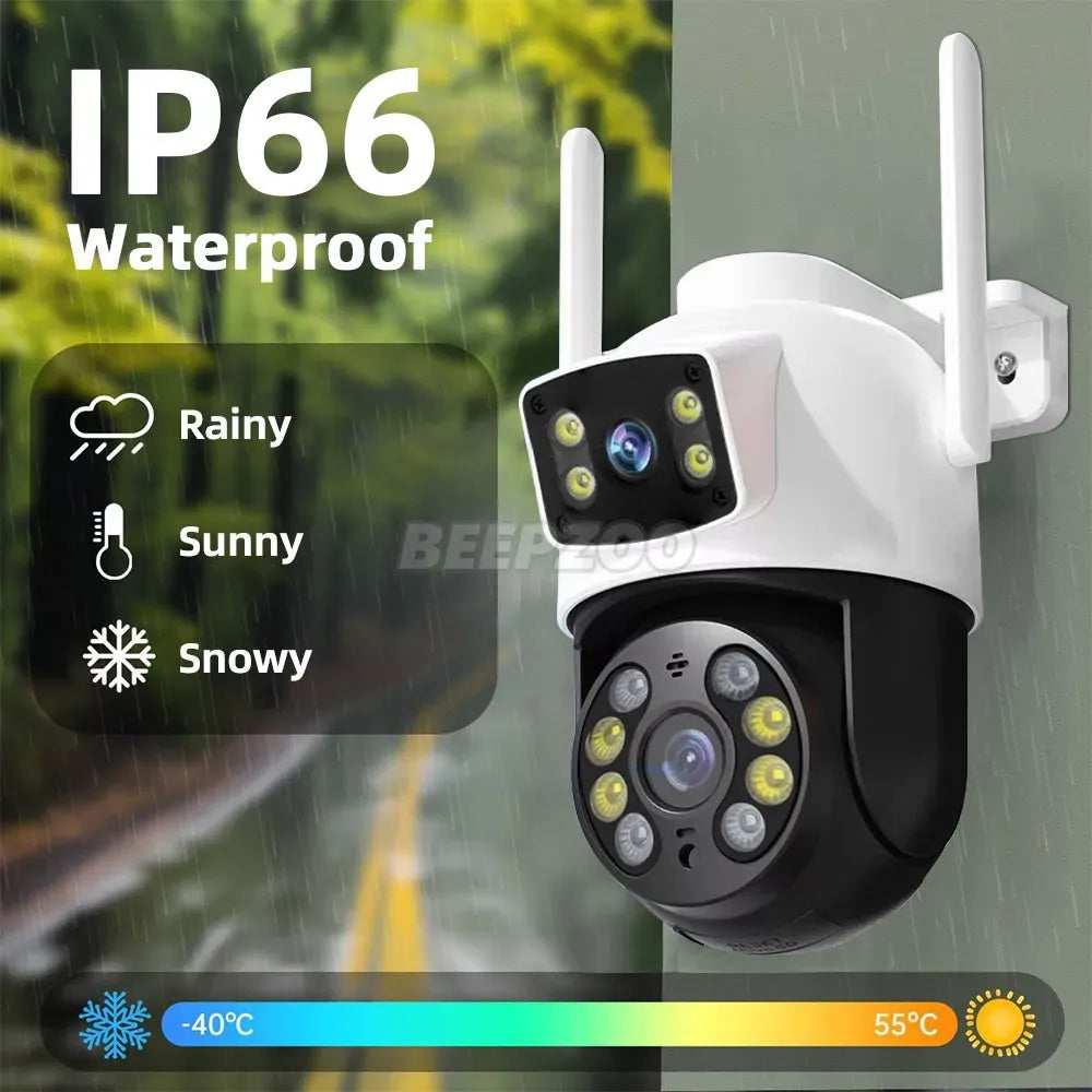 White Wireless 4K Outdoor Security Camera, Waterproof IP Surveillance, Dual-Lens, Black