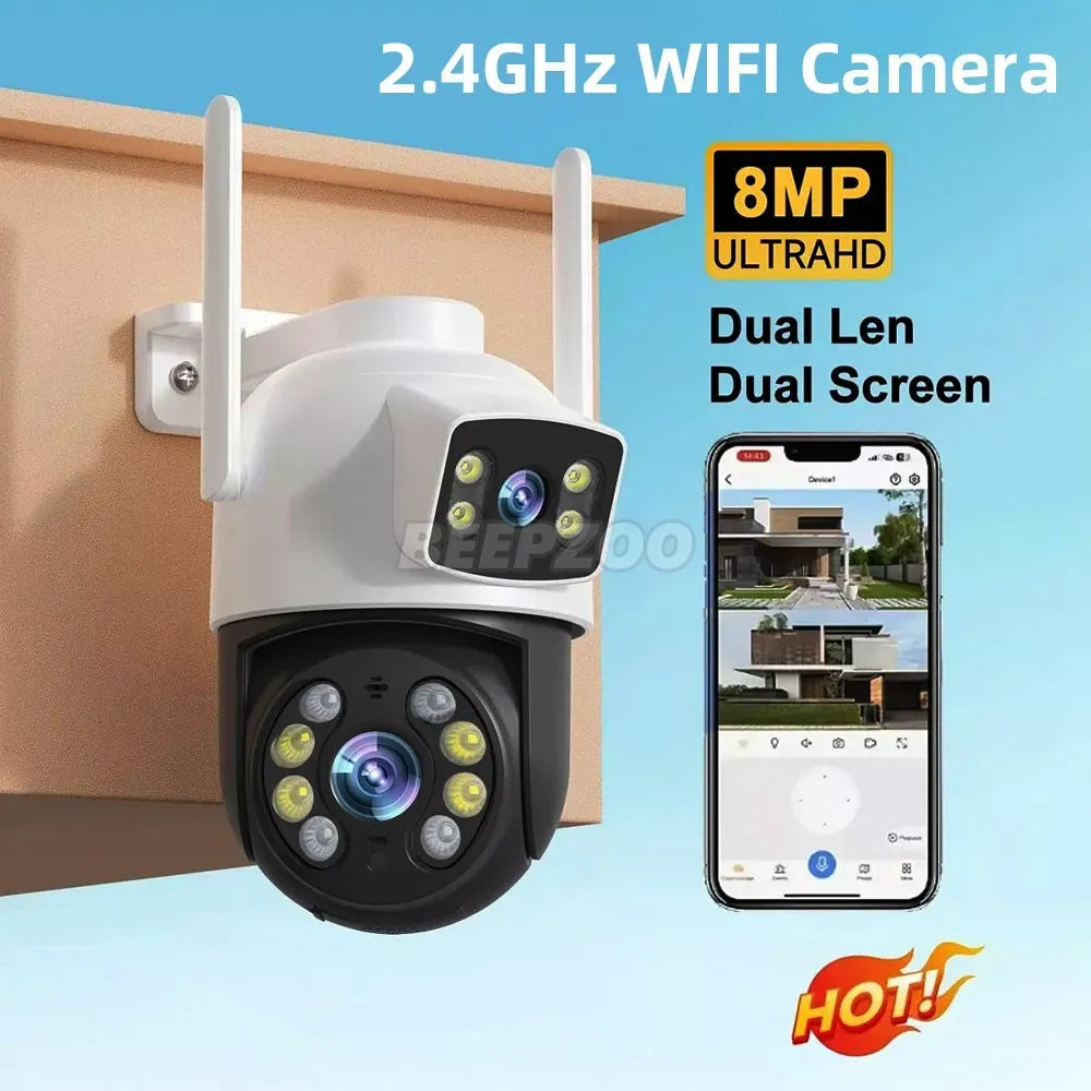 White Wireless 4K Outdoor Security Camera, Waterproof IP Surveillance, Dual-Lens, Black