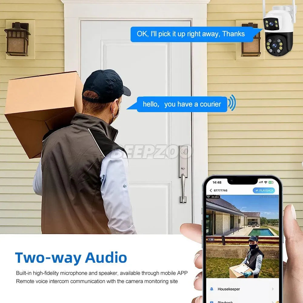 White Wireless 4K Outdoor Security Camera, Waterproof IP Surveillance, Dual-Lens, Black