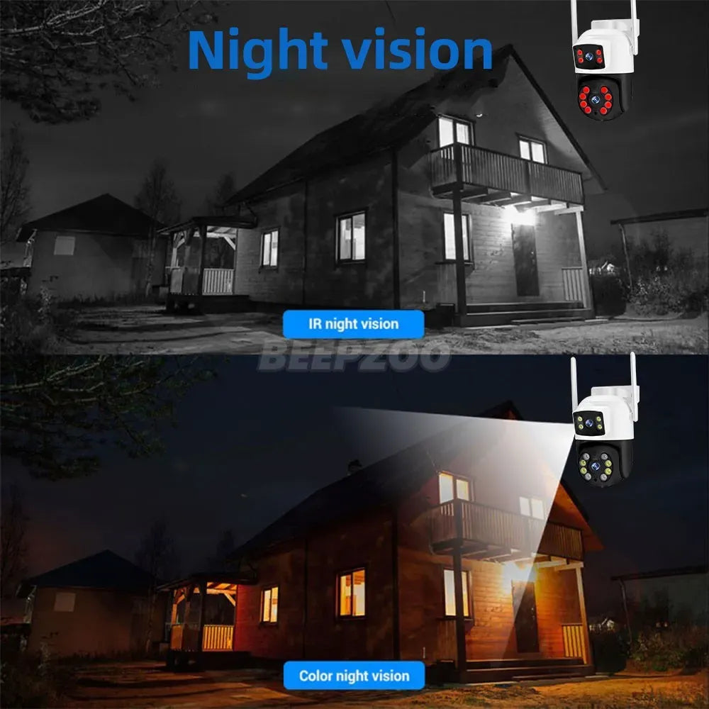 White Wireless 4K Outdoor Security Camera, Waterproof IP Surveillance, Dual-Lens, Black