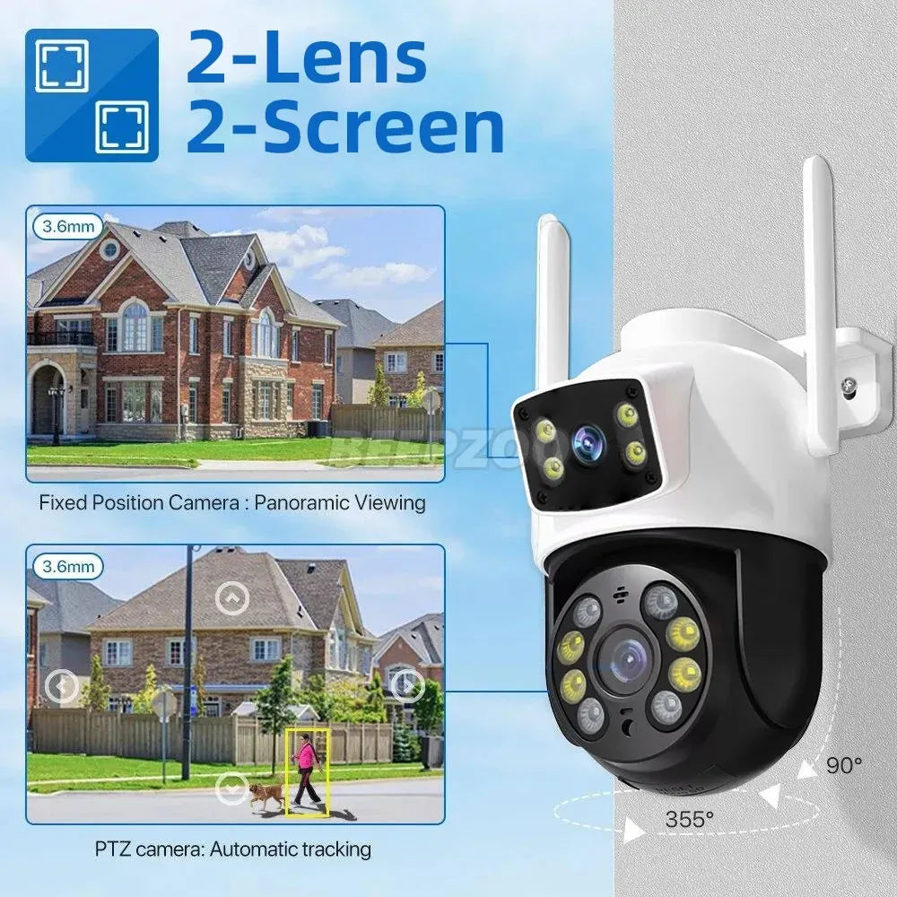 White Wireless 4K Outdoor Security Camera, Waterproof IP Surveillance, Dual-Lens, Black