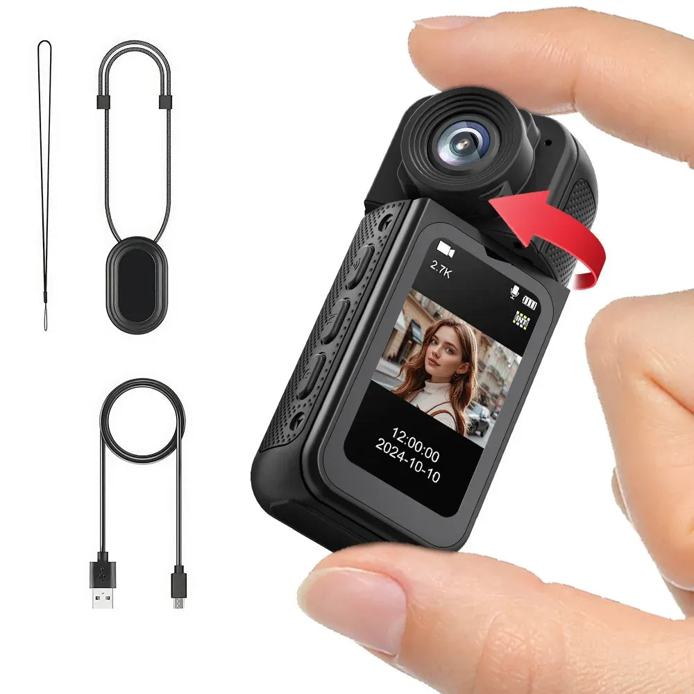 2.7K HD Mini Action Camera with 180° Rotating Lens, Portable and Compact for Outdoor Sports