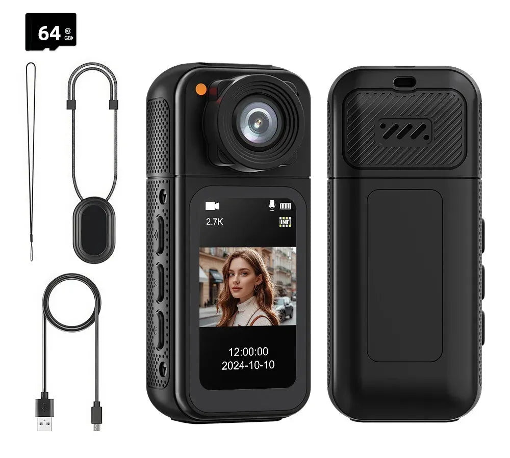 2.7K HD Mini Action Camera with 180° Rotating Lens, Portable Design, 64GB TF Card Included