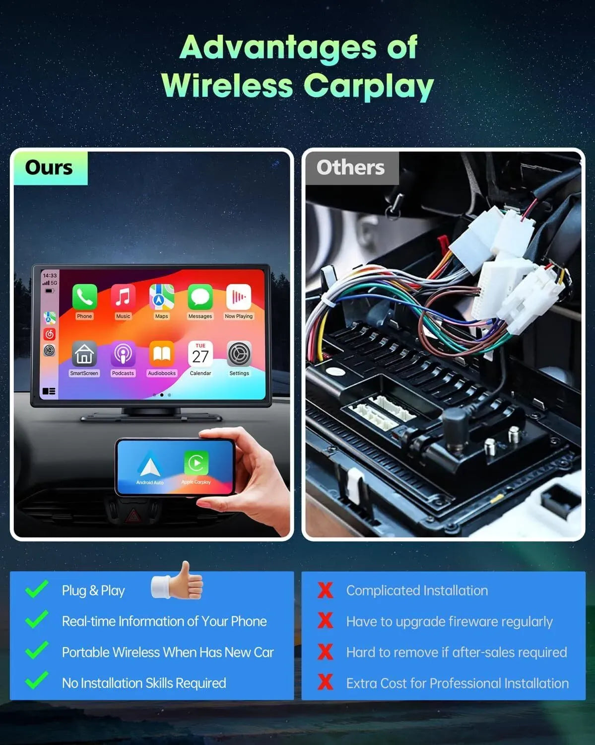 Portable 9" Black Car Stereo Radio with Wireless Apple CarPlay and Android Auto