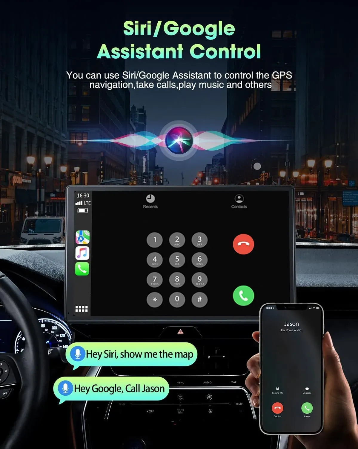 Portable 9" Black Car Stereo Radio with Wireless Apple CarPlay and Android Auto
