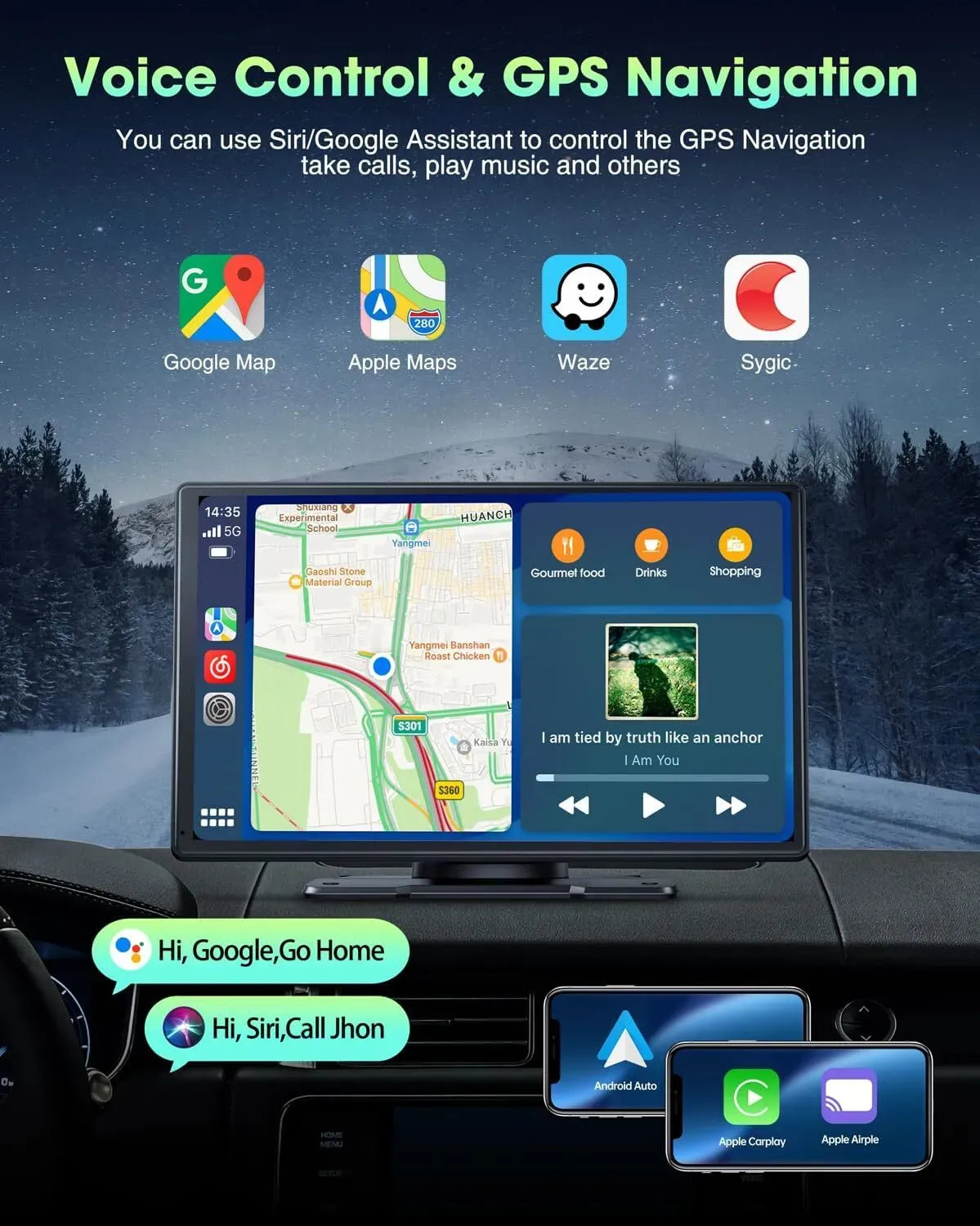 Portable 9" Black Car Stereo Radio with Wireless Apple CarPlay and Android Auto
