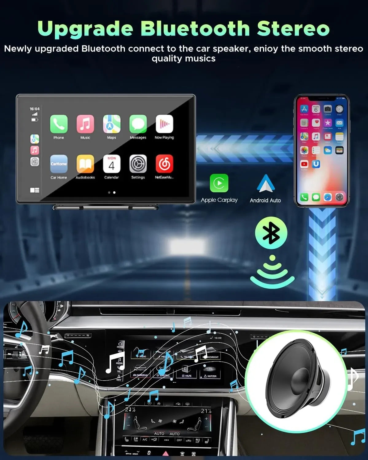 Portable 9" Black Car Stereo Radio with Wireless Apple CarPlay and Android Auto