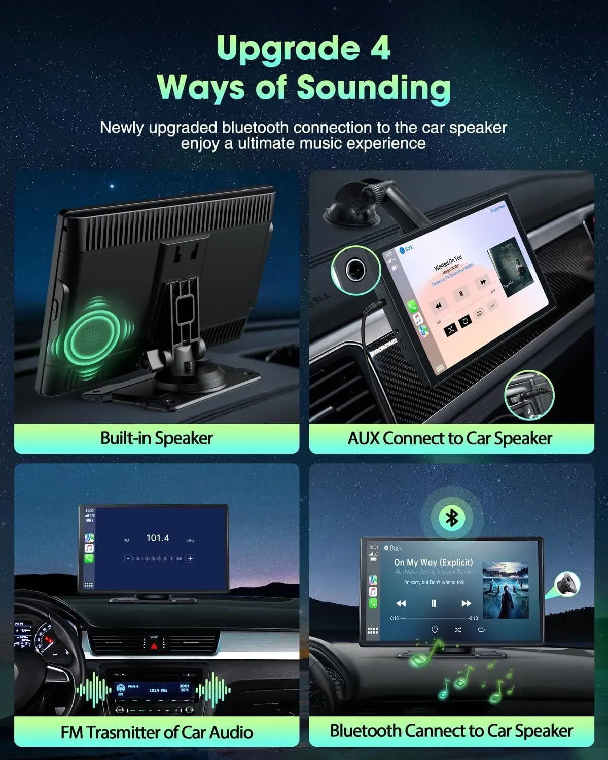 Portable 9" Black Car Stereo Radio with Wireless Apple CarPlay and Android Auto