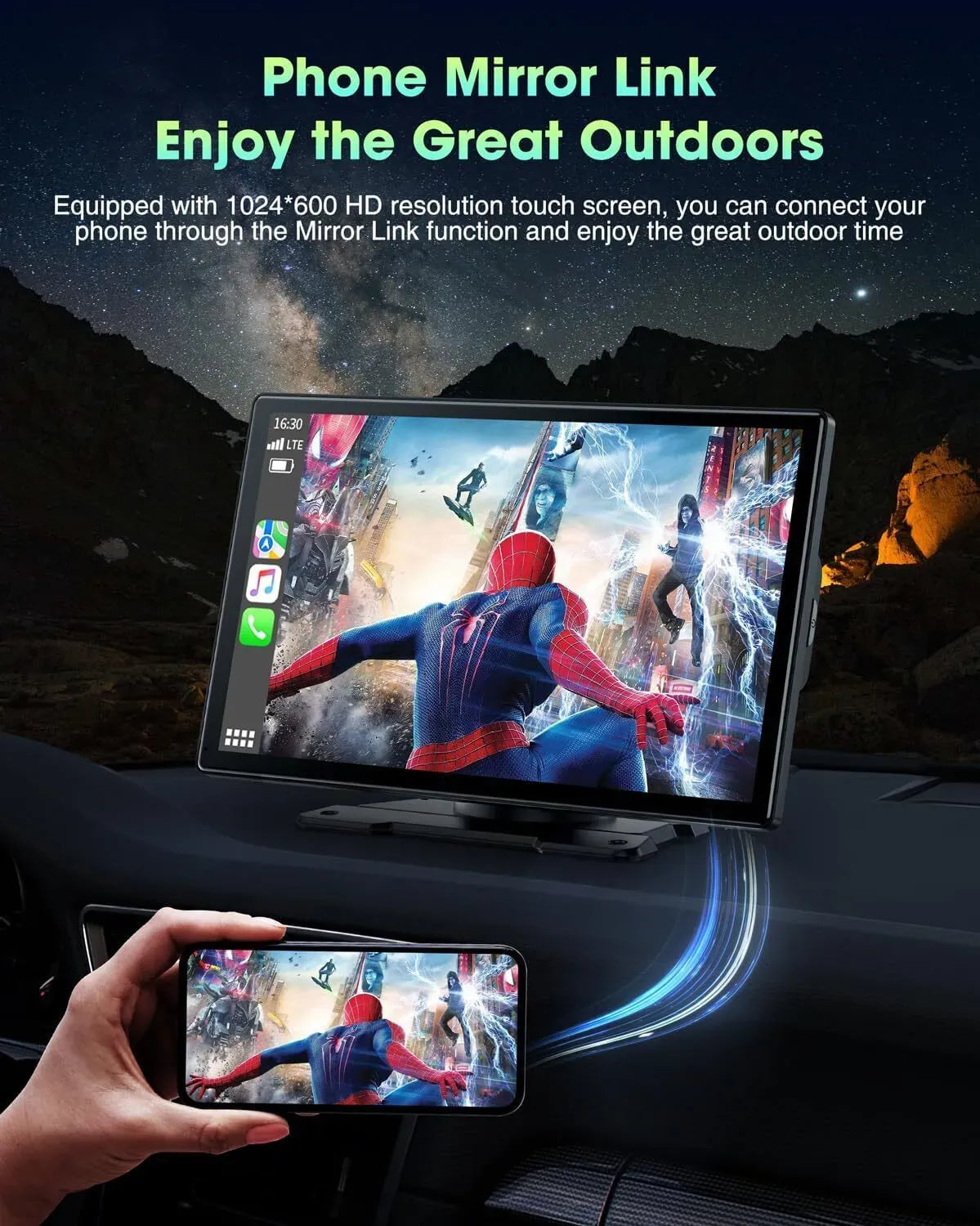 Portable 9" Black Car Stereo Radio with Wireless Apple CarPlay and Android Auto