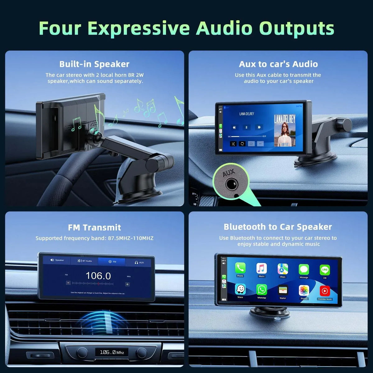 10.26" Portable Black Car Wireless Apple CarPlay Android Auto FM Touch Screen Radio