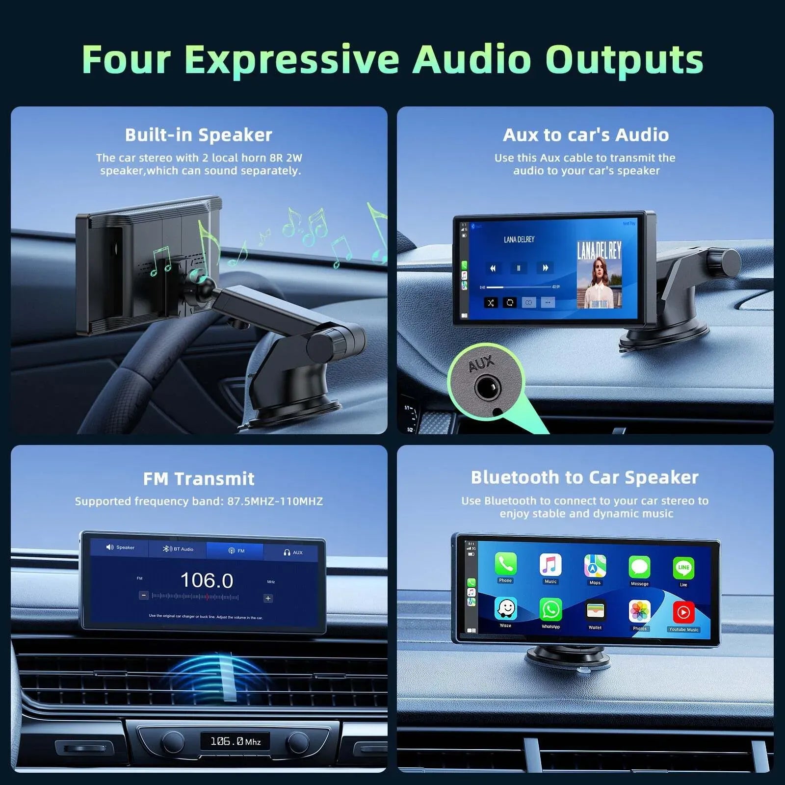 10.26" Portable Black Car Wireless Apple CarPlay Android Auto FM Touch Screen Radio
