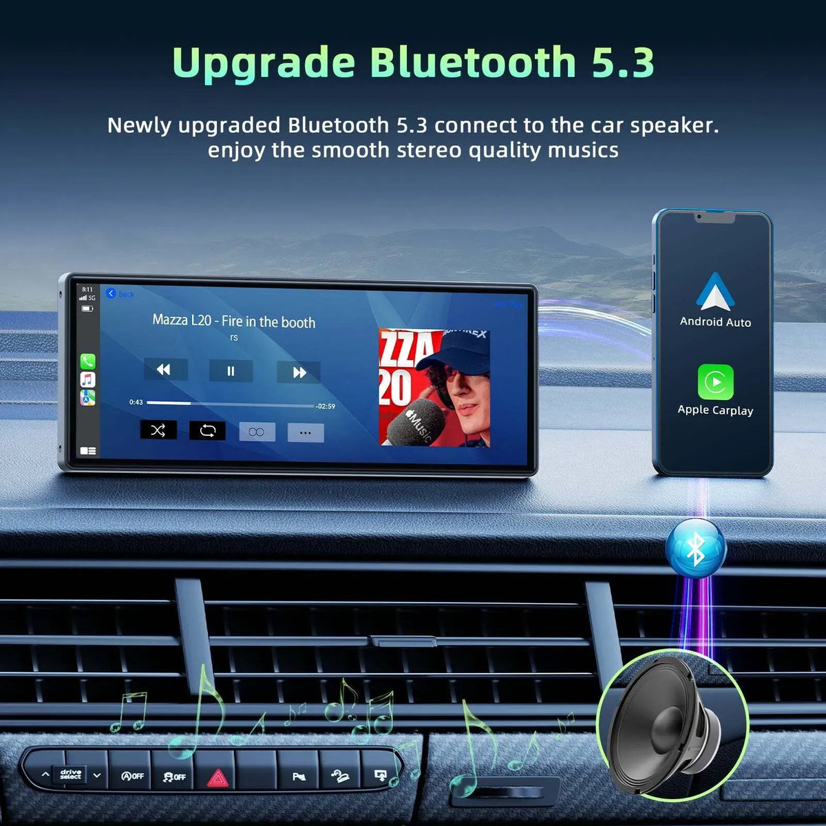 10.26" Portable Black Car Wireless Apple CarPlay Android Auto FM Touch Screen Radio