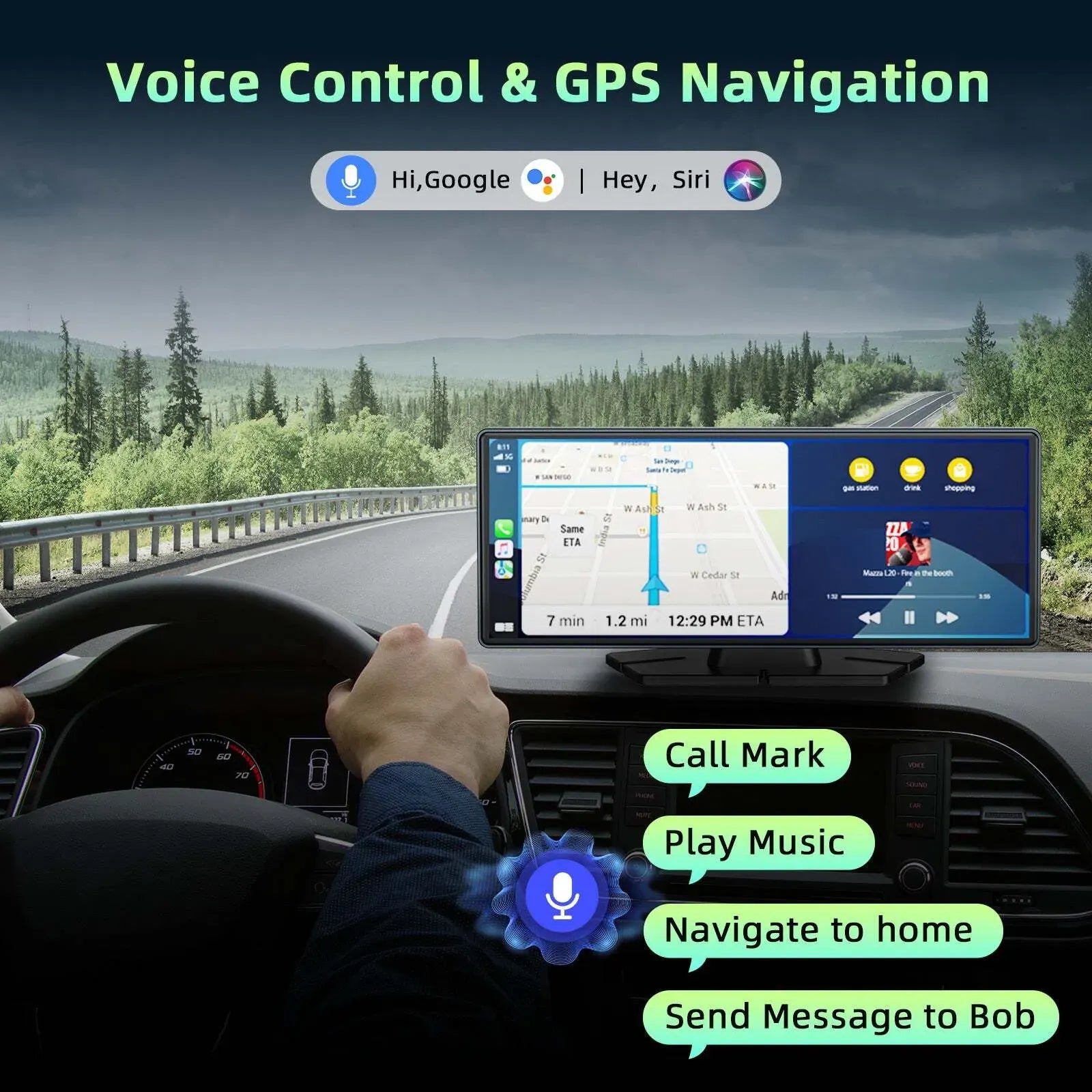 10.26" Portable Black Car Wireless Apple CarPlay Android Auto FM Touch Screen Radio