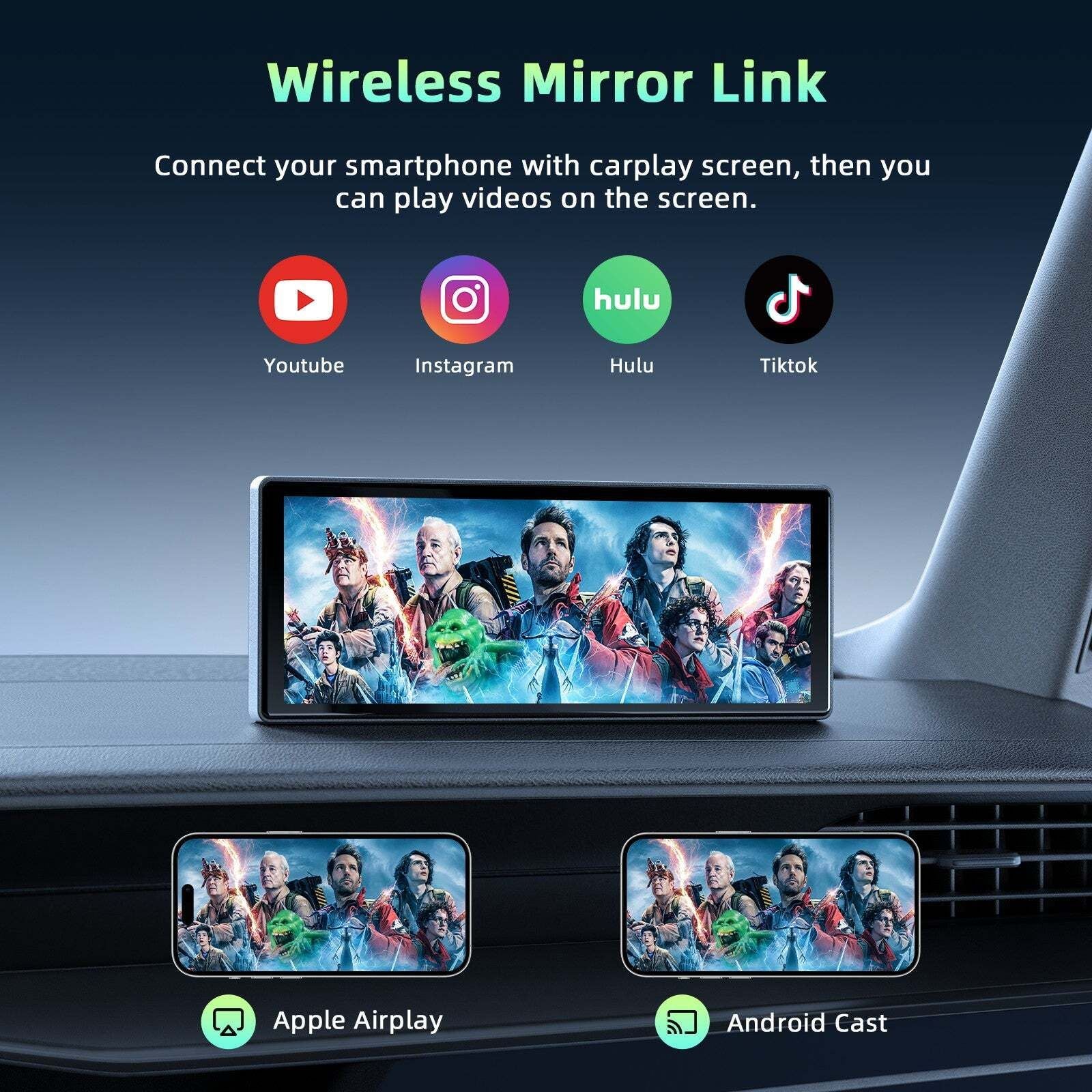 10.26" Portable Black Car Wireless Apple CarPlay Android Auto FM Touch Screen Radio