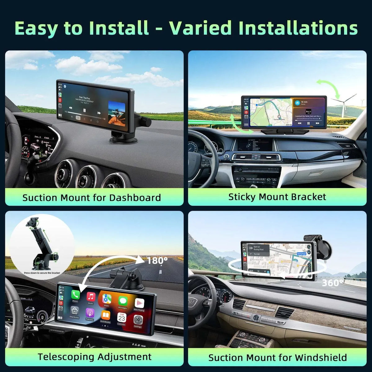 10.26" Portable Black Car Wireless Apple CarPlay Android Auto FM Touch Screen Radio