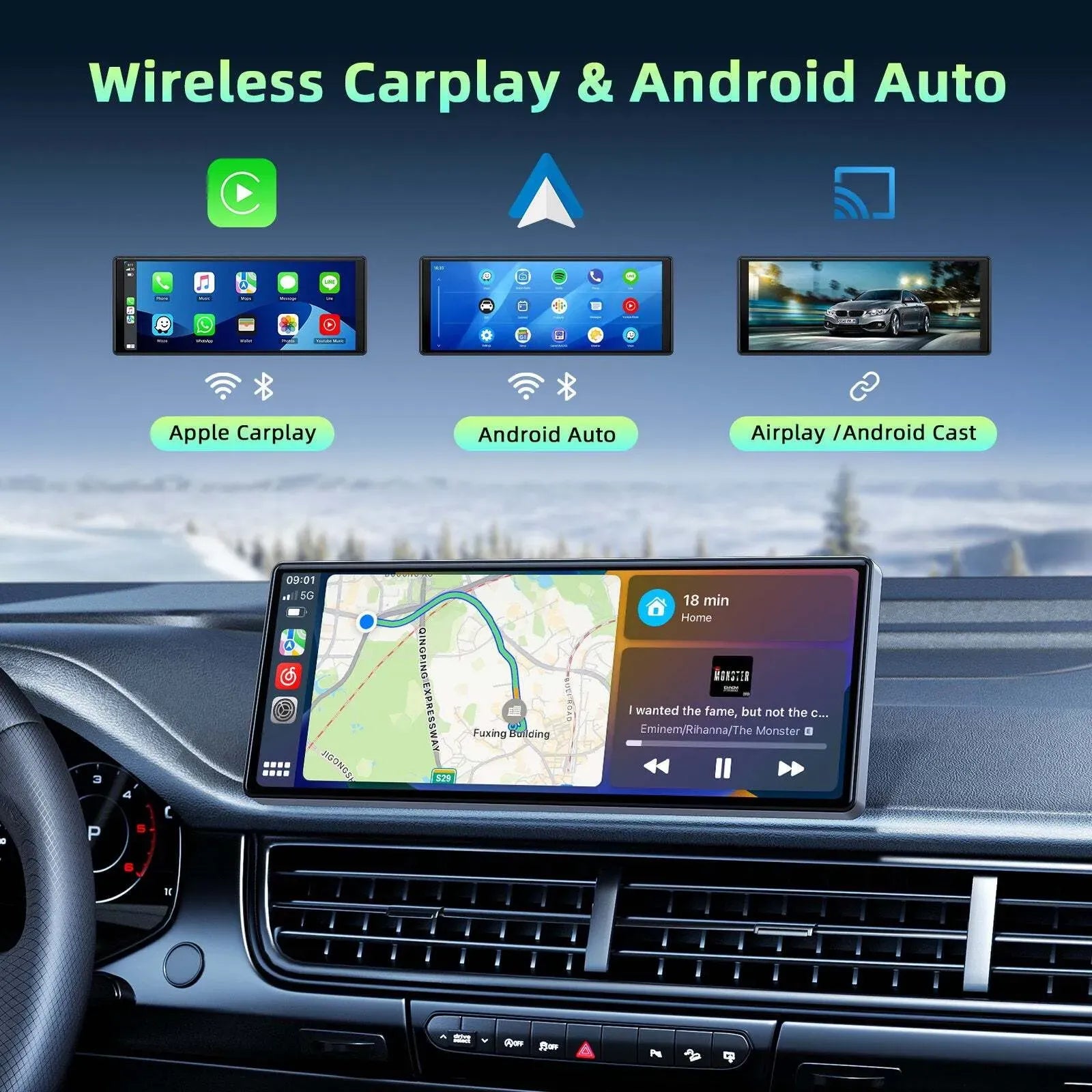 10.26" Portable Black Car Wireless Apple CarPlay Android Auto FM Touch Screen Radio