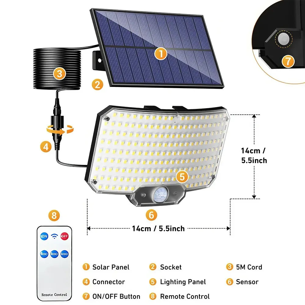 238LED Solar Powered Motion Sensor Outdoor Security Flood Light - Black