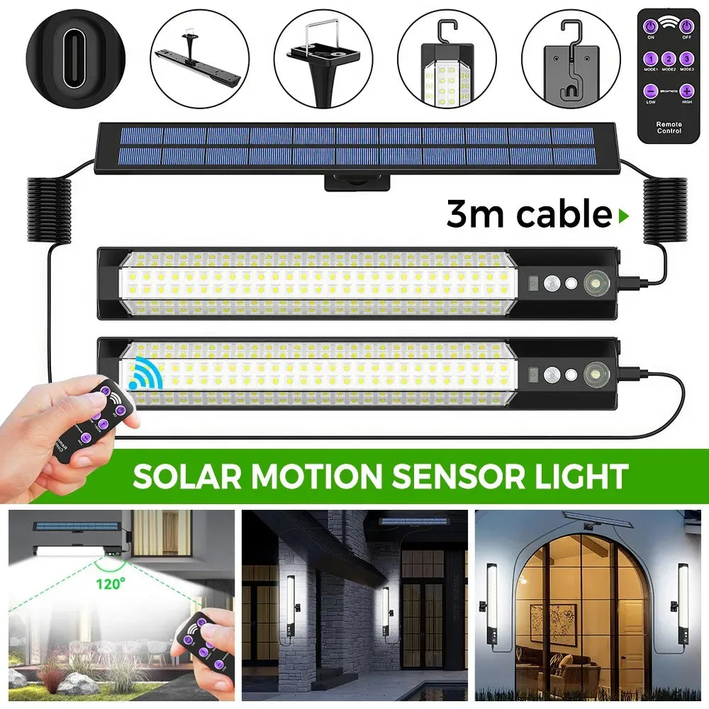Solar Powered LED Motion Sensor Wall Light, Black, 2000LM, IP65, 3 Modes