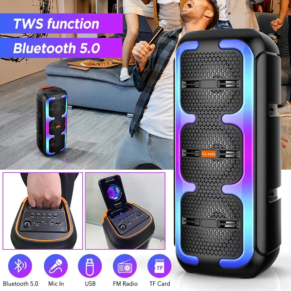 Portable Black Wireless Bluetooth Speaker with Dual Stereo Subwoofer and RGB Lights