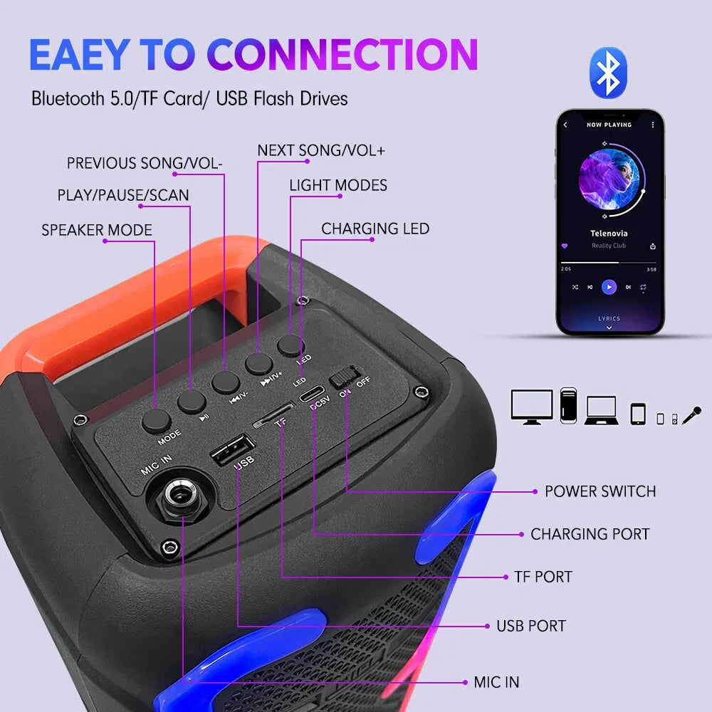 Portable Black Wireless Bluetooth Speaker with Dual Stereo Subwoofer and RGB Lights