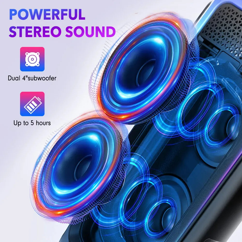 Portable Black Wireless Bluetooth Speaker with Dual Stereo Subwoofer and RGB Lights