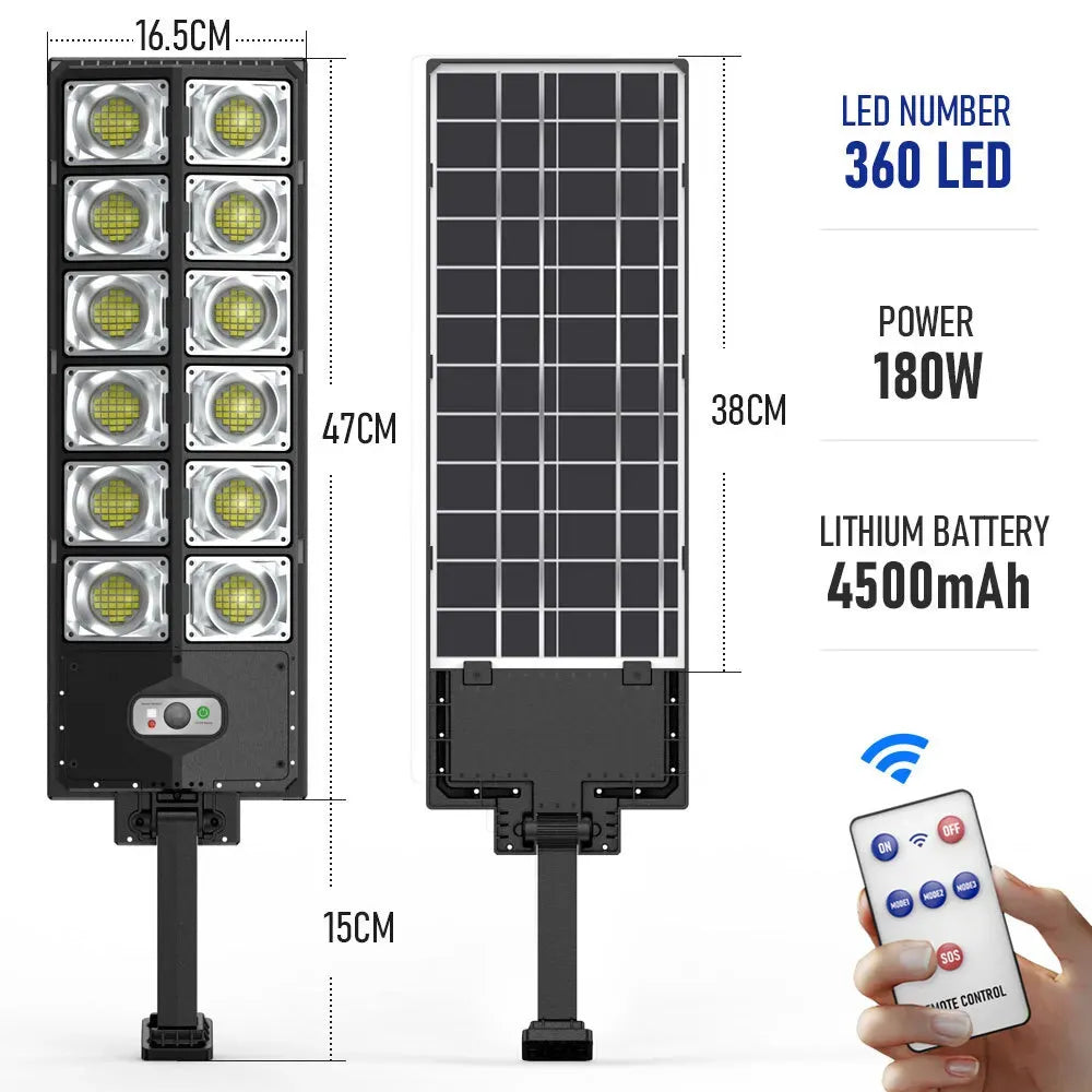 80000LM 5000W Black Solar Street LED Light with Radar Sensor and Remote Control for Outdoor Use - 360W/620COB