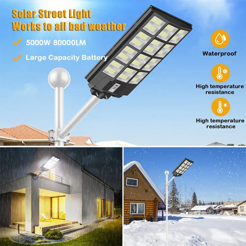 80000LM 5000W Black Solar Street LED Light with Radar Sensor and Remote Control for Outdoor Use - 360W/620COB