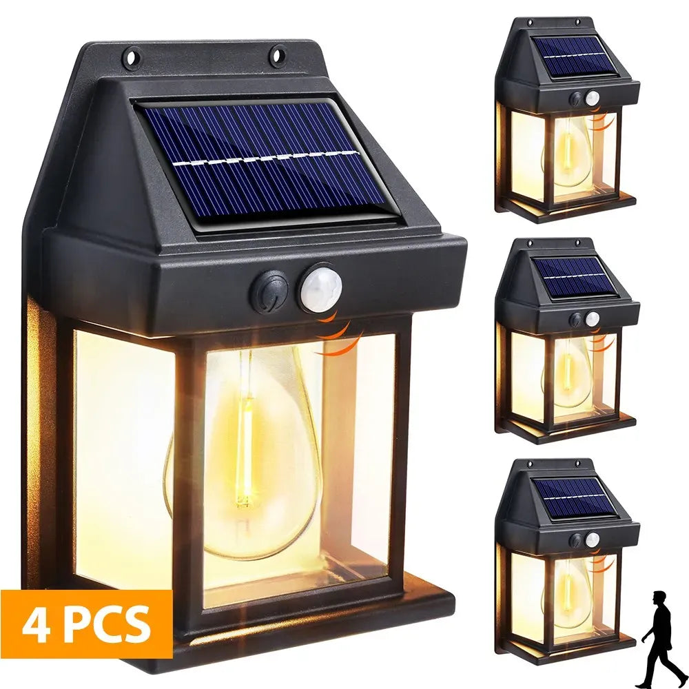 4 Pack Black Solar Wall Light with Motion Sensor and 3 Lighting Modes - 4x