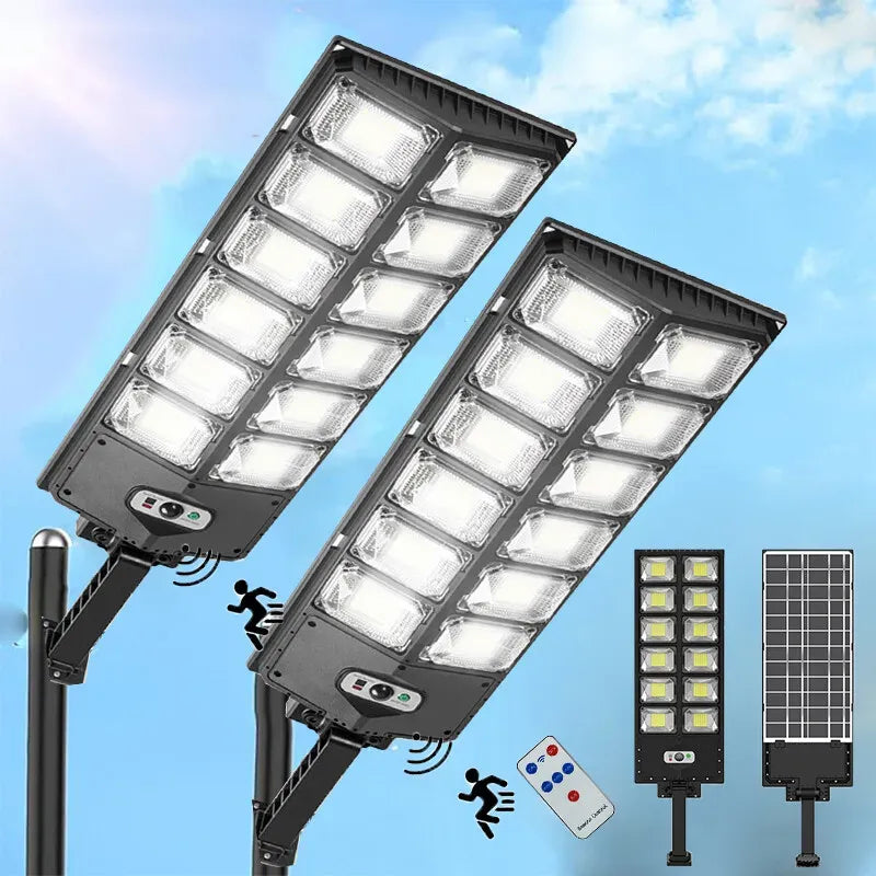 2-Pack 80000LM Black Solar Street Light with 504 LEDs and Remote Control