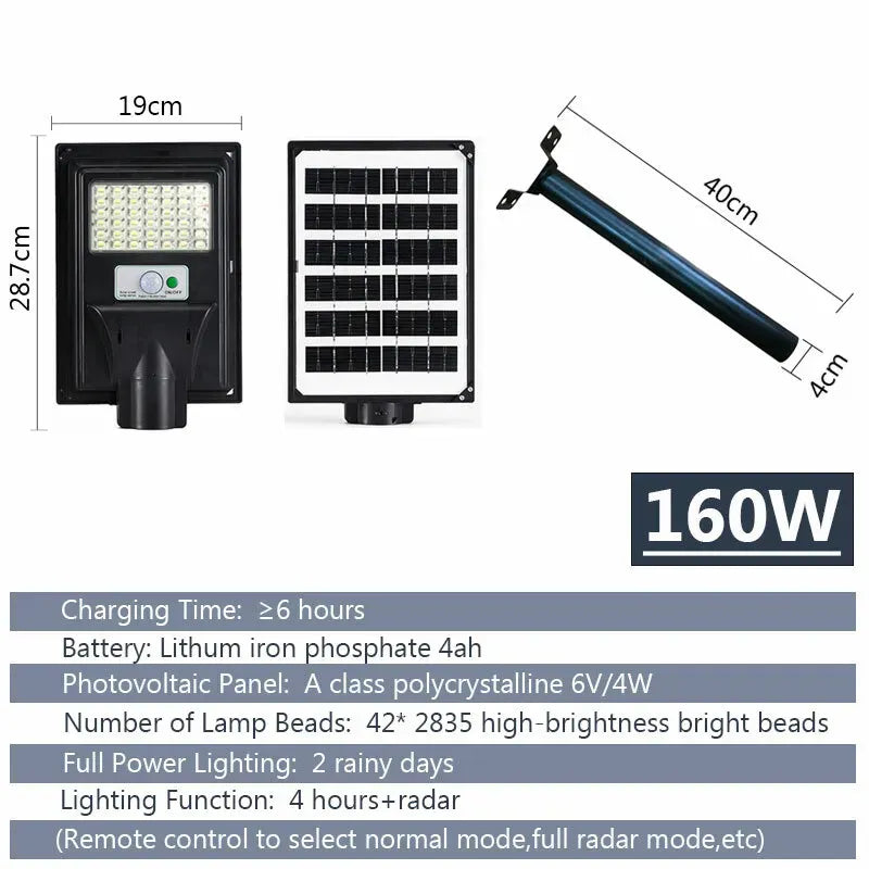 Solar LED Street Light with Radar Sensor, Black, 160W, Outdoor Flood Lamp